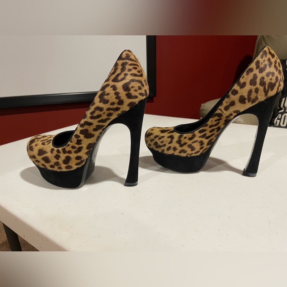 YSL Yves Saint Laurent leopard pony hair heels.  36.5